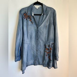 VINTAGE AMERICA WOMENS CHAMBRAY EMBROIDERED BOHEMIAN BLOUSE SIZE XL
